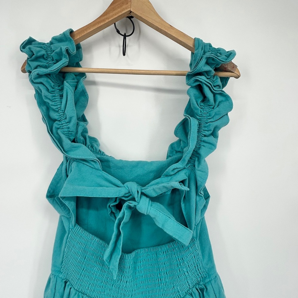 Free People Maxi Dress Ruffle Straps Tie‎ Back Smocked Bodice Pockets Teal - Picture 7 of 10